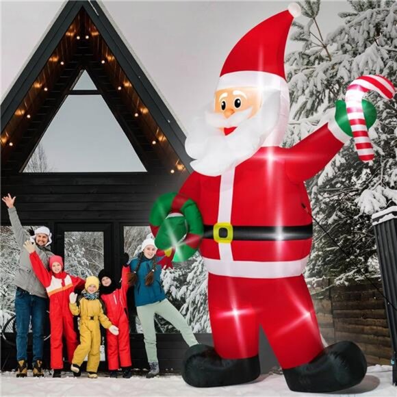 12FT Christmas Inflatables, Giant Santa Claus Holding Candy Cane, LED Lighted